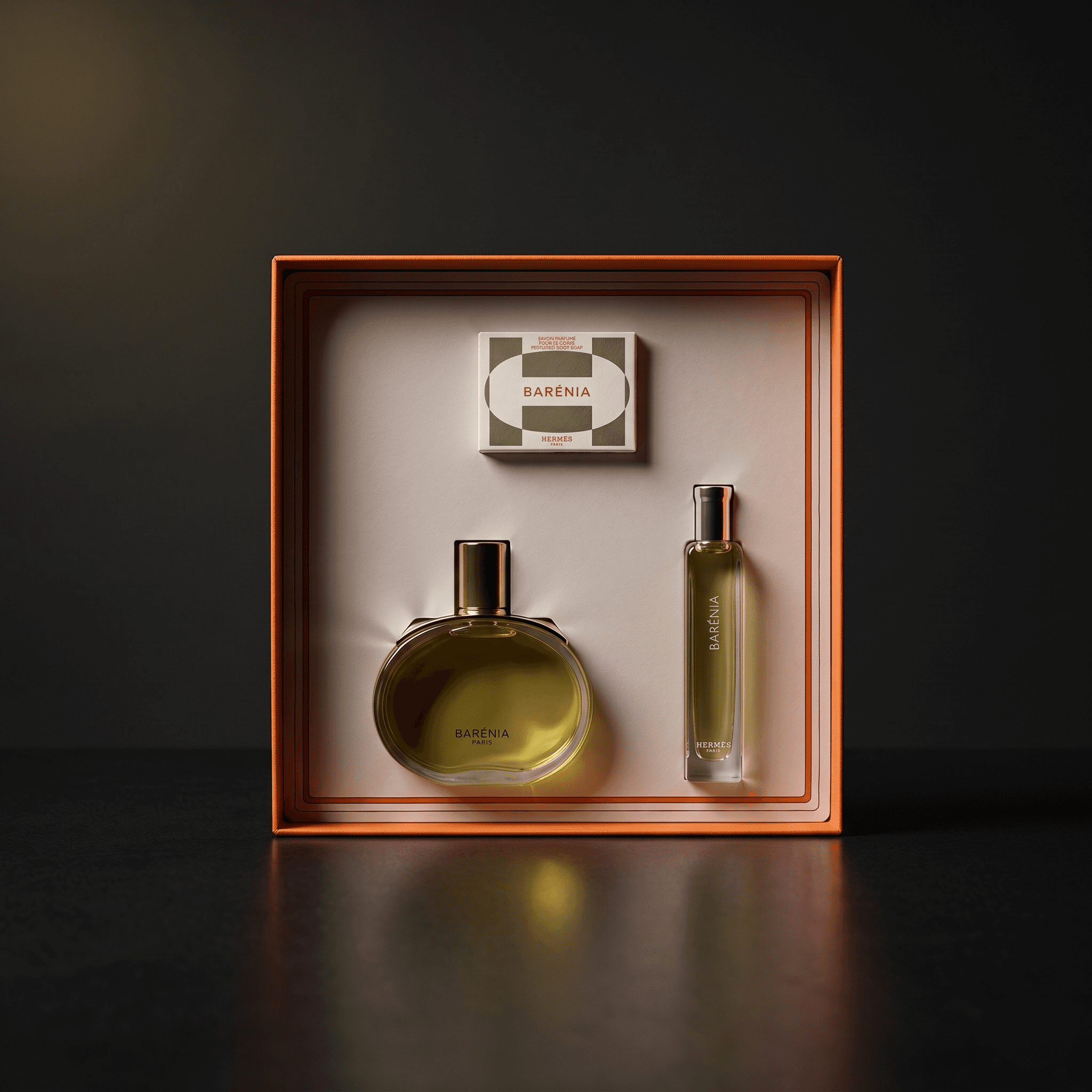 Kit Hermès Barénia com eau de parfum, travel spray e sabonete