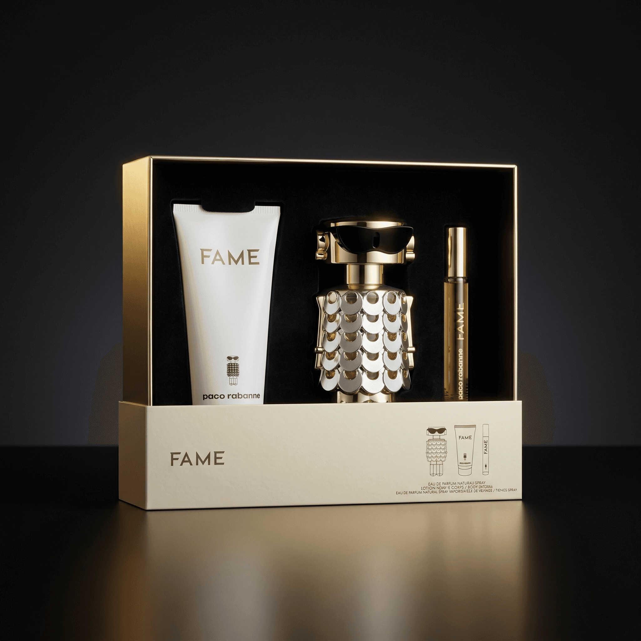 Kit Paco Rabanne Fame com eau de parfum, loção corporal e travel spray