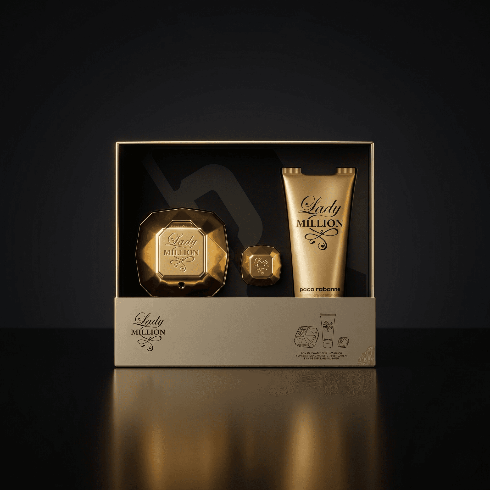 Kit Paco Rabanne Lady Million com eau de parfum, miniatura e loção corporal