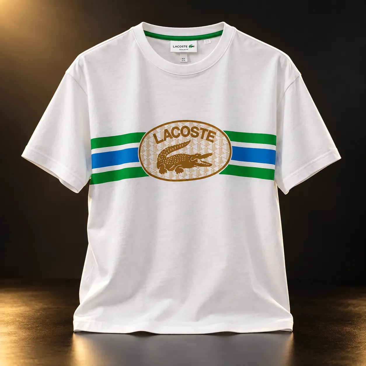Camiseta Lacoste branca com listras verde e azul