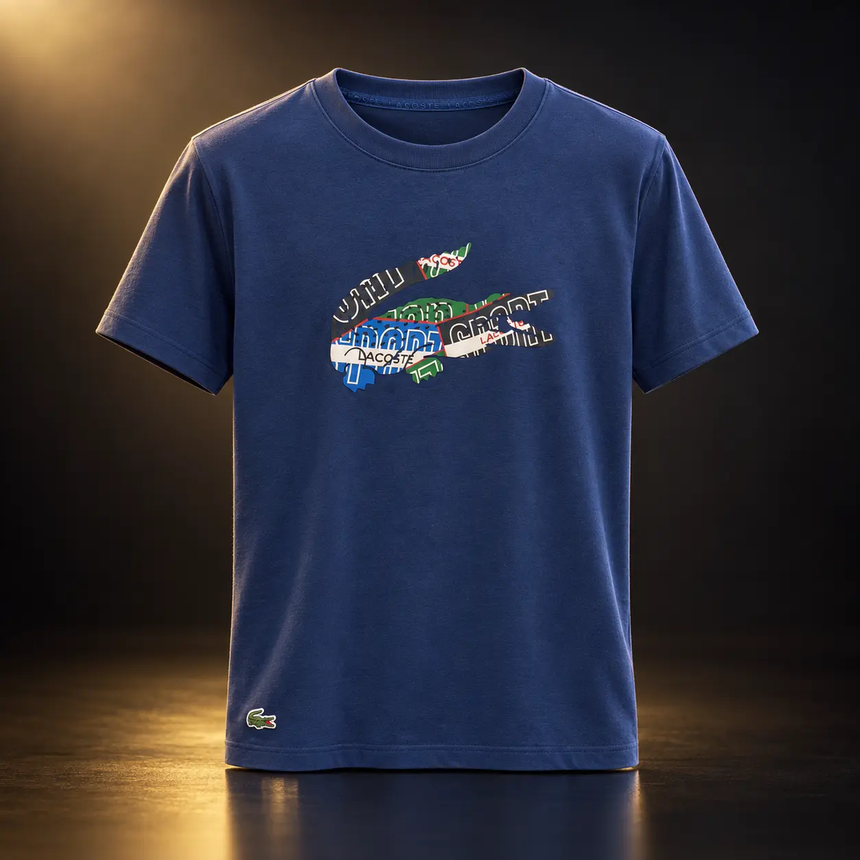 Camiseta Lacoste azul marinho com crocodilo colorido