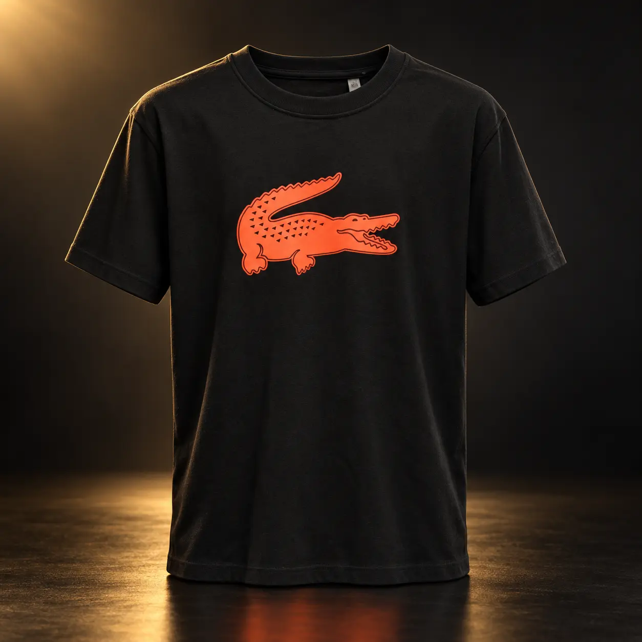 Camiseta Lacoste preta com crocodilo laranja