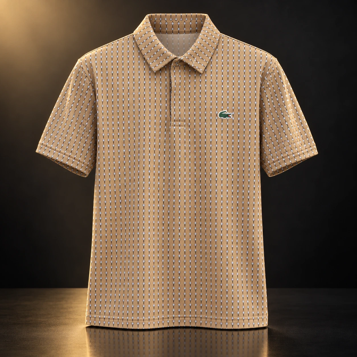 Polo Lacoste bege com estampa de raquetes