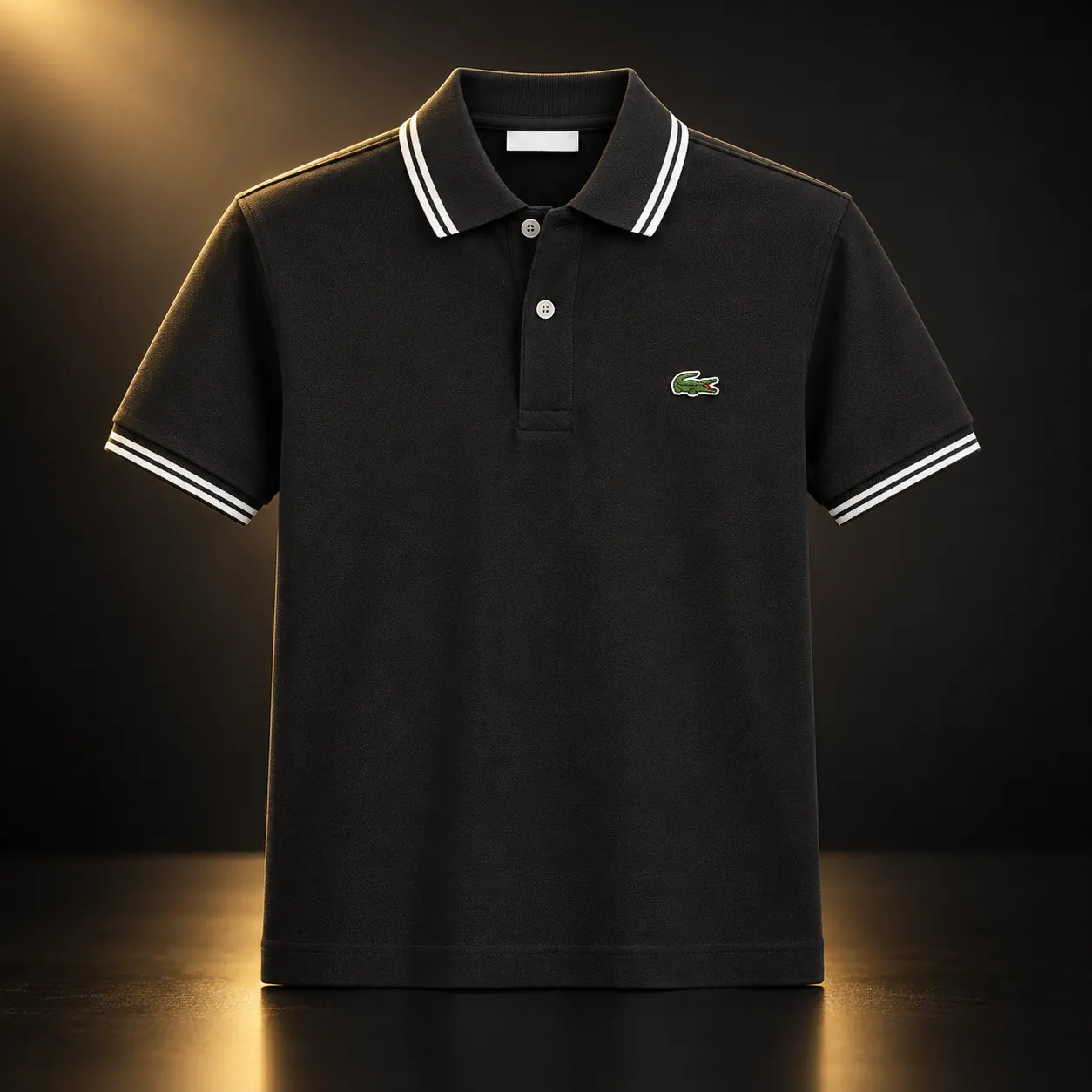 Polo Lacoste preta com frisos brancos