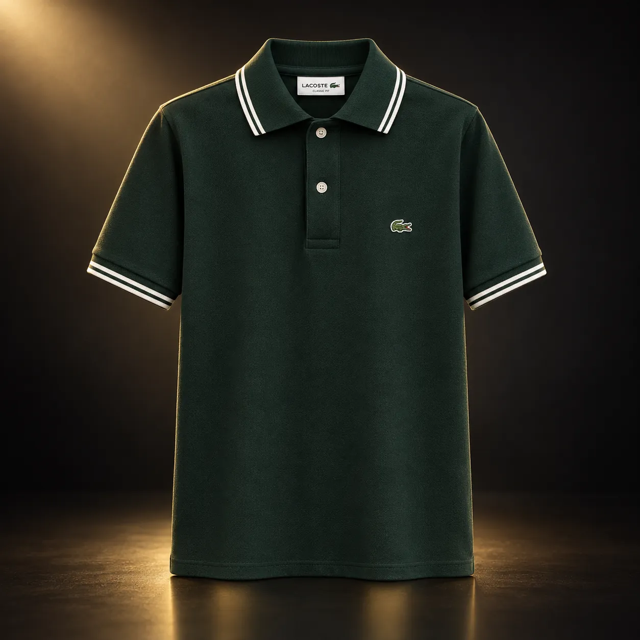 Polo Lacoste verde-escura com frisos brancos